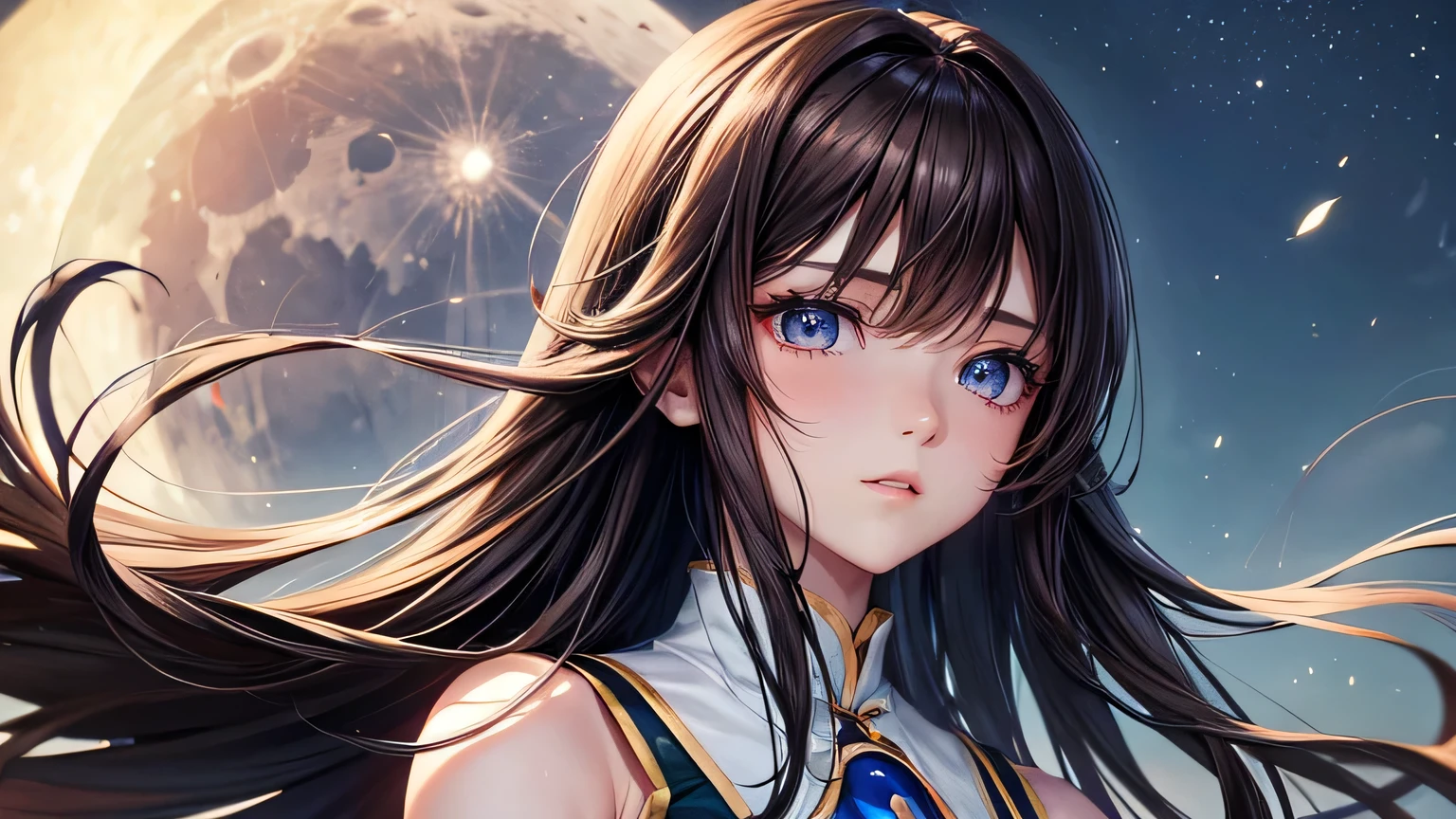 Beautiful woman 1.3, Beautiful brown hair、Straight Long Hair: 1.2, summer: 1.2,night: 1.1, Ultra-high resolution, Accurate, Super detailed, Textured skin, High detail, highest quality, 8k,Thin bangs,Upper Body,Well-drawn eyes, Focus on the face,Sleeveless white shirt,Detailed hair depiction,Detailed depiction of eyes、Detailed depiction of hair、Upper Body、moon、moon light、