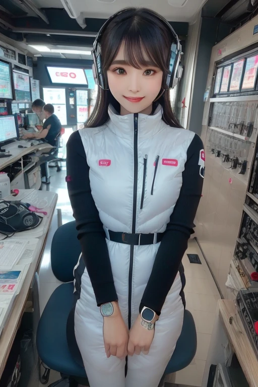 masterpiece, highest quality, Very detailed, 8K Portrait,Japanese Android Girl,plump , Control panel,Robotic arms and legs, Blunt bangs,,break (Metallic Gray, Metallic luster, Mirror finish, Astro Best):5,headphone:5,break (Black sleeves):100,Smart Watches,Futuristic space station,Control Room,break headphone,blue eyes,(Black Hair):2,(Long Hair):1.3,Displaying the viewer,(respirator),break blush:3,Hidden Hand,smile