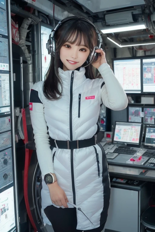 masterpiece, highest quality, Very detailed, 8K Portrait,Japanese Android Girl,plump , Control panel,Robotic arms and legs, Blunt bangs,,break (Metallic Gray, Metallic luster, Mirror finish, Astro Best):5,headphone:5,break (Black sleeves):100,Smart Watches,Futuristic space station,Control Room,break headphone,blue eyes,(Black Hair):2,(Long Hair):1.3,Displaying the viewer,(respirator),break blush:3,Hidden Hand,smile