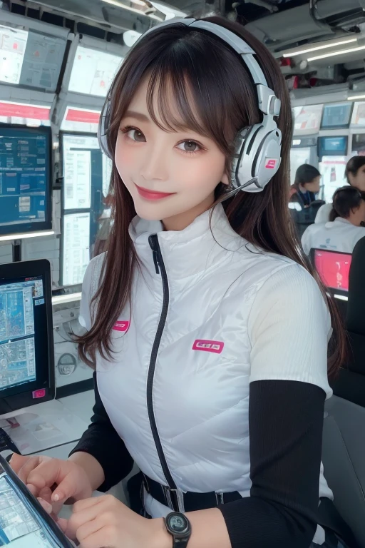 masterpiece, highest quality, Very detailed, 8K Portrait,Japanese Android Girl,plump , Control panel,Robotic arms and legs, Blunt bangs,,break (Metallic Gray, Metallic luster, Mirror finish, Astro Best):5,headphone:5,break (Black sleeves):100,Smart Watches,Futuristic space station,Control Room,break headphone,blue eyes,(Black Hair):2,(Long Hair):1.3,Displaying the viewer,(respirator),break blush:3,Hidden Hand,smile