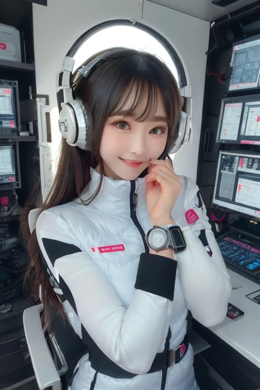 masterpiece, highest quality, Very detailed, 8K Portrait,Japanese Android Girl,plump , Control panel,Robotic arms and legs, Blunt bangs,,break (Metallic Gray, Metallic luster, Mirror finish, Astro Best):5,headphone:5,break (Black sleeves):100,Smart Watches,Futuristic space station,Control Room,break headphone,blue eyes,(Black Hair):2,(Long Hair):1.3,Displaying the viewer,(respirator),break blush:3,Hidden Hand,smile