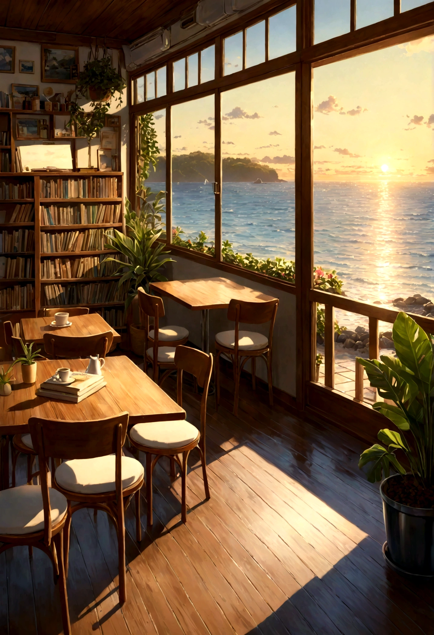 ((only background)), ((photo realistic:1.4,illustration)),(masterpiece, top quality, best quality),(ultra-detailed, absolutely resolution),((16k, high res)).(reflect), (produces images with information than 40 million pixels with cinematic-like detailed textures shot on a Sony SLR).
BREAK (view from the seaside: 1.5)
BREAK {cozy Lofi café facing the sea, The café should have a warm, inviting atmosphere with dim lighting, wooden furniture, and vintage decorations, many books, comfortable seating areas with cushions, plants in pots, shelves filled with books and records should be visible}
Break {surround the café with lush greenery. The sea in front should be crystal clear, shallow, and calm, with smooth, rounded stones visible beneath the water. Large windows in the café should offer a stunning view of the transparent ocean, with the sun setting on the horizon, casting a golden glow over the scene}
BREAK {(((cinematic look))), soothing tones, insane details, intricate details, hyperdetailed, low contrast, exposure blend, hdr, beautiful blue image, (hi-contrast), Sony SLR.}