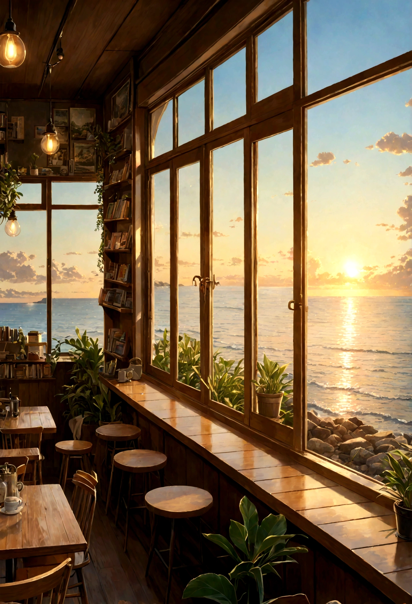 ((only background)), ((photo realistic:1.4,illustration)),(masterpiece, top quality, best quality),(ultra-detailed, absolutely resolution),((16k, high res)).(reflect), (produces images with information than 40 million pixels with cinematic-like detailed textures shot on a Sony SLR).
BREAK (view from the seaside: 1.5)
BREAK {cozy Lofi café facing the sea, The café should have a warm, inviting atmosphere with dim lighting, wooden furniture, and vintage decorations, many books, comfortable seating areas with cushions, plants in pots, shelves filled with books and records should be visible}
Break {surround the café with lush greenery. The sea in front should be crystal clear, shallow, and calm, with smooth, rounded stones visible beneath the water. Large windows in the café should offer a stunning view of the transparent ocean, with the sun setting on the horizon, casting a golden glow over the scene}
BREAK {(((cinematic look))), soothing tones, insane details, intricate details, hyperdetailed, low contrast, exposure blend, hdr, beautiful blue image, (hi-contrast), Sony SLR.}
