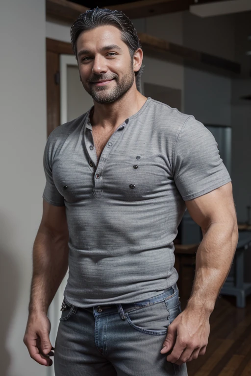Award-winning original photoen, 30 years old man and wild muscular man, 40 years old, short beards, burly, hunk, wearing shirts, smilling happil, detailed, lovely, ((full body)), (((shirtless )))(((gray jeans)))