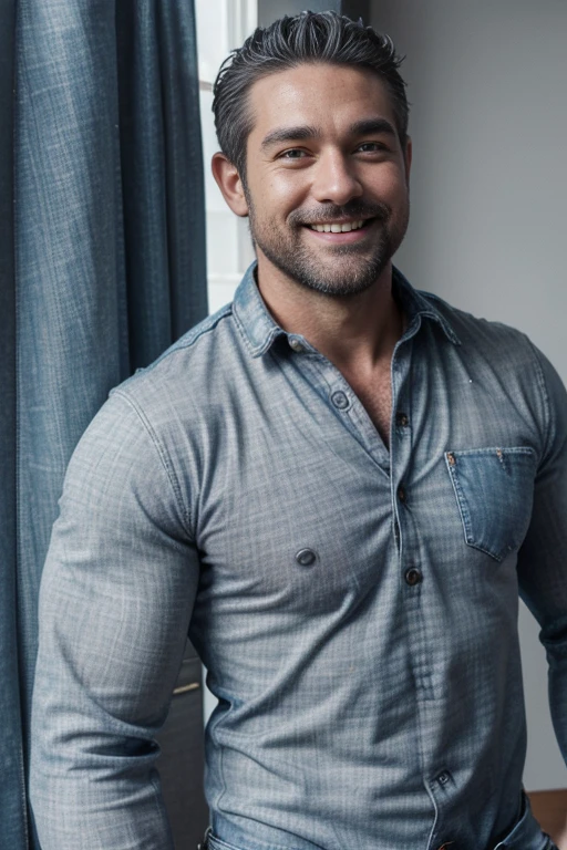 Award-winning original photoen, 30 years old man and wild muscular man, 40 years old, short beards, burly, hunk, wearing shirts, smilling happil, detailed, lovely, ((full body)), (((shirtless )))(((gray jeans)))