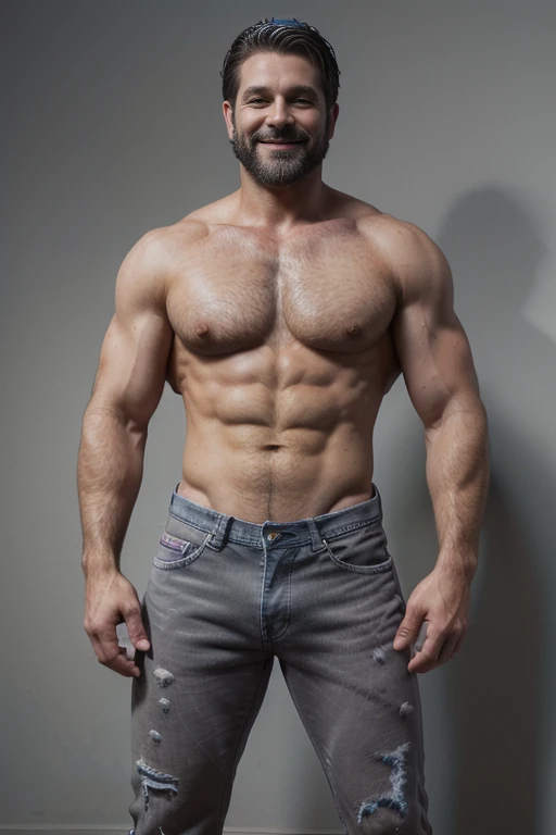 Award-winning original photoen, 30 years old man and wild muscular man, 40 years old, short beards, burly, hunk, wearing shirts, smilling happil, detailed, lovely, ((full body)), (((shirtless )))(((gray jeans))) 