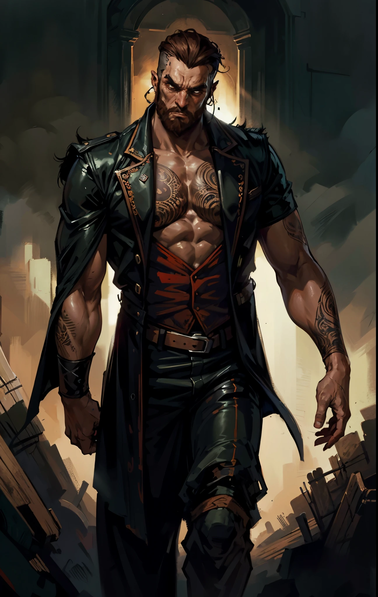A 50-year-old man with slicked-back reddish-brown short hair, a large beard covering the lower half of his face, piercing eyes, handsome features, an open dark red fantasy martial arts-style robe coat, flowing short sleeves, a black and white undershirt, matching cloth trousers, a metal belt buckle, he exudes a dark red aura of death, strides down a desolate and silent moonlit street, this character embodies a finely crafted fantasy martial arts-style overlord in anime style, exquisite and mature manga art style, dramatic, high definition, best quality, highres, ultra-detailed, ultra-fine painting, extremely delicate, professional, perfect body proportions, golden ratio, anatomically correct, symmetrical face, extremely detailed eyes and face, high quality eyes, creativity, RAW photo, UHD, 32k, Natural light, cinematic lighting, masterpiece-anatomy-perfect, masterpiece:1.5