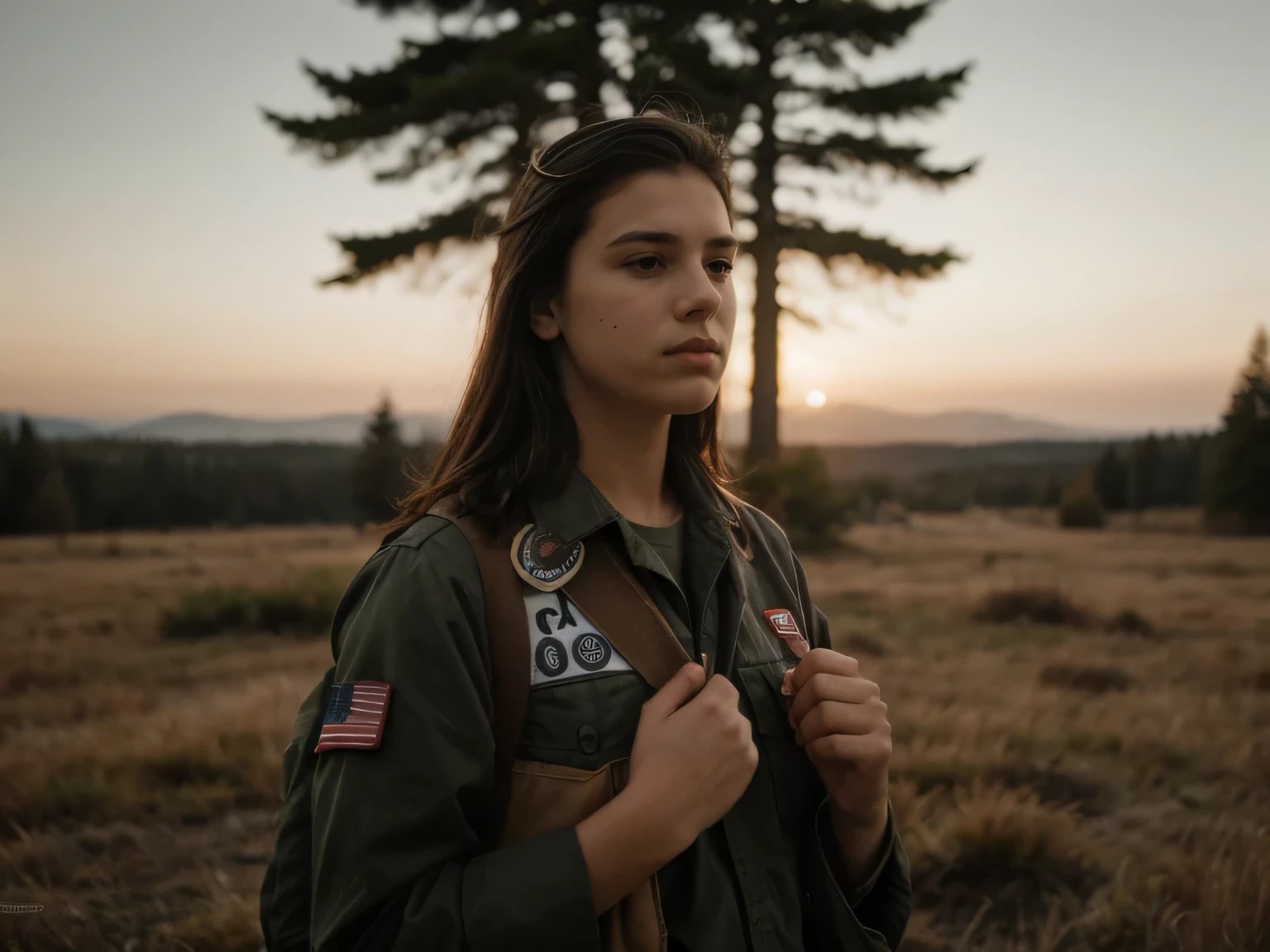 a young caucasian female, dressed as a boy scout, saluting the american flag during the pledge of allegiance, a blurred male figure playing a bugle in the background, a field, treeline of pacific northwestern forest in background (best quality,4k,8k,highres,masterpiece:1.2),ultra-detailed,(realistic,photorealistic,photo-realistic:1.37),cinematic lighting,dramatic colors,cinematic composition,intricate details,expressive pose,emotional expression,dramatic atmosphere,cinematic perspective, hyperrealistic