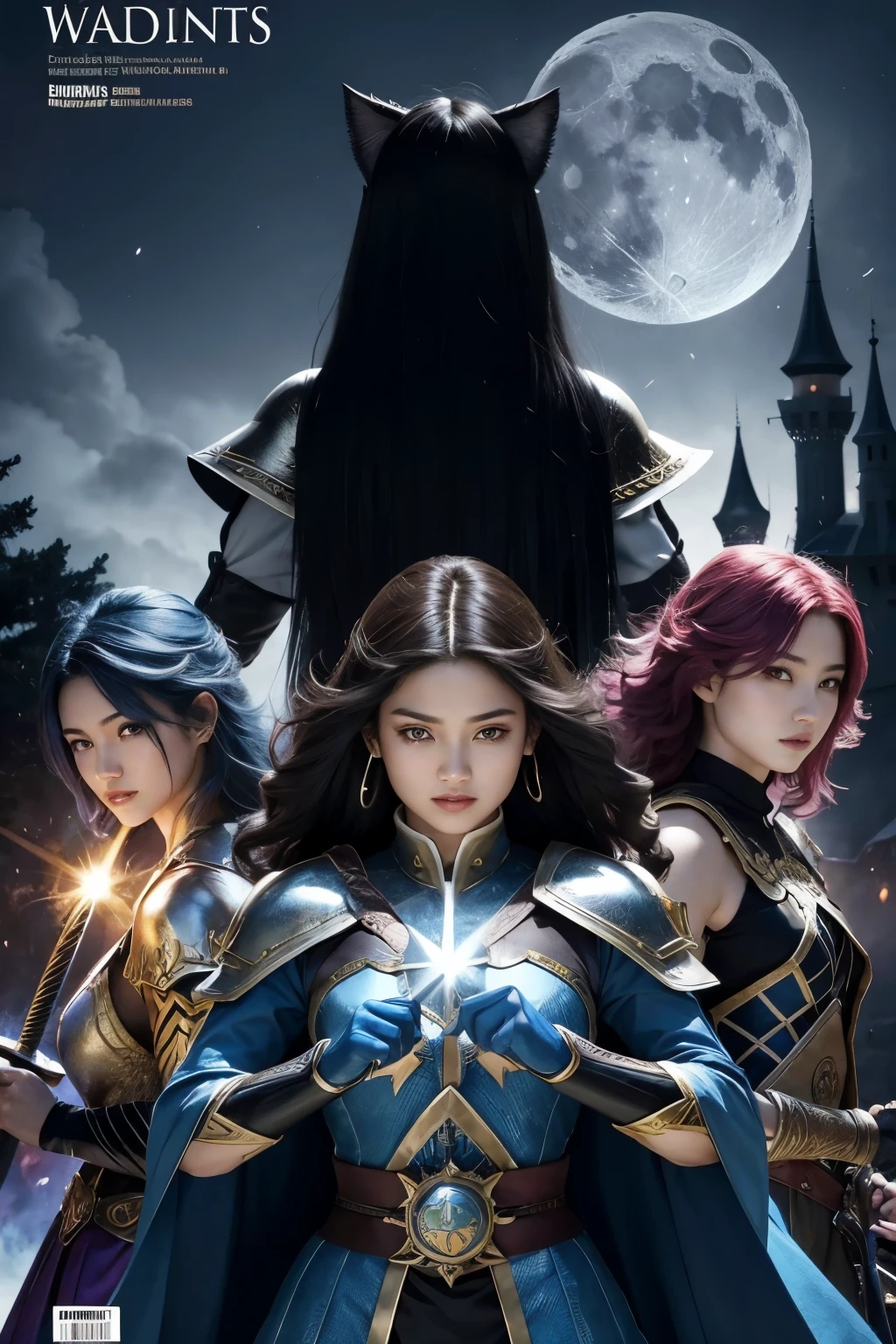 ook cover elements:

Warriors fighting with swords
Wizards
Moon
Lake
Cat
Princess
Magic
Castle
Characters without showing their faces
Black characters
