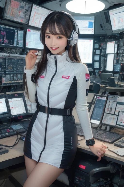masterpiece, highest quality, Very detailed, 8K Portrait,Japanese Android Girl,plump , Control panel,Robotic arms and legs, Blunt bangs,,break (Metallic Gray, Metallic luster, Mirror finish, Astro Best):5,headphone:5,break (Black sleeves):100,Smart Watches,Futuristic space station,Control Room,break headphone,blue eyes,(Black Hair):2,(Long Hair):1.3,Displaying the viewer,(respirator),break blush:3,Hidden Hand,smile