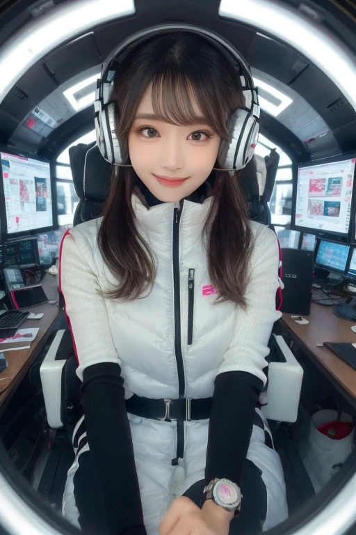 masterpiece, highest quality, Very detailed, 8K Portrait,Japanese Android Girl,plump , Control panel,Robotic arms and legs, Blunt bangs,,break (Metallic Gray, Metallic luster, Mirror finish, Astro Best):5,headphone:5,break (Black sleeves):100,Smart Watches,Futuristic space station,Control Room,break headphone,blue eyes,(Black Hair):2,(Long Hair):1.3,Displaying the viewer,(respirator),break blush:3,Hidden Hand,smile