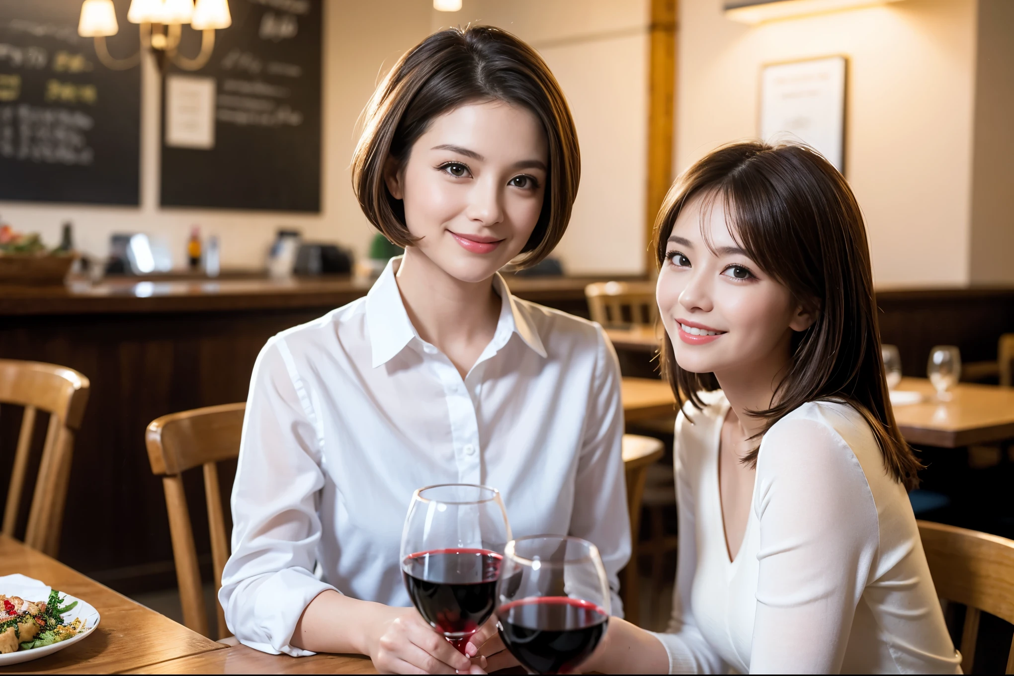 ((highest quality、8k、masterpiece:1.3))、beauty、1 male、1 female、Couple、Spouse、half、The body is slim、((Bob Hale、Straight hair:1.2)), (Realistic, Intricate details:1.2), full-course dinner,テーブルの上のwine glass、Put the light on your face、 Amazing view of the sunset sky and clouds、A bright smile、The wonderfulness of smile、Bright image、The beauty of wine, Beautiful Face, blue eyes, The light shines on your face, Blushing, short hair,Bright Face、 (45 years old), 39 years old, red wine 、Appetizers、Italian food、Wine bottle、Champagne、sparkling wine、Two beauties、Brown Hair、Shortcuts、Long sleeve shirt、dress、Pretty Woman 1, (slimな顔), (The body is slim), (Brown Hair), (Shortcuts), cheeks turn a little red,Attractive beauty、restaurant, In a prominent place (From the waist up) Nova Frog Style, actress, model, Upper Body, White wine, slim, wine glass, A wine glass placed in the center, smile, (smile: 1.15), Beautiful fine grain, Depth f/2,saturation, High Contrast, Strong light and shadow,Moist Body:1.5、3D texture、Delicate eyes、Brown Hair、The hair is very shiny、