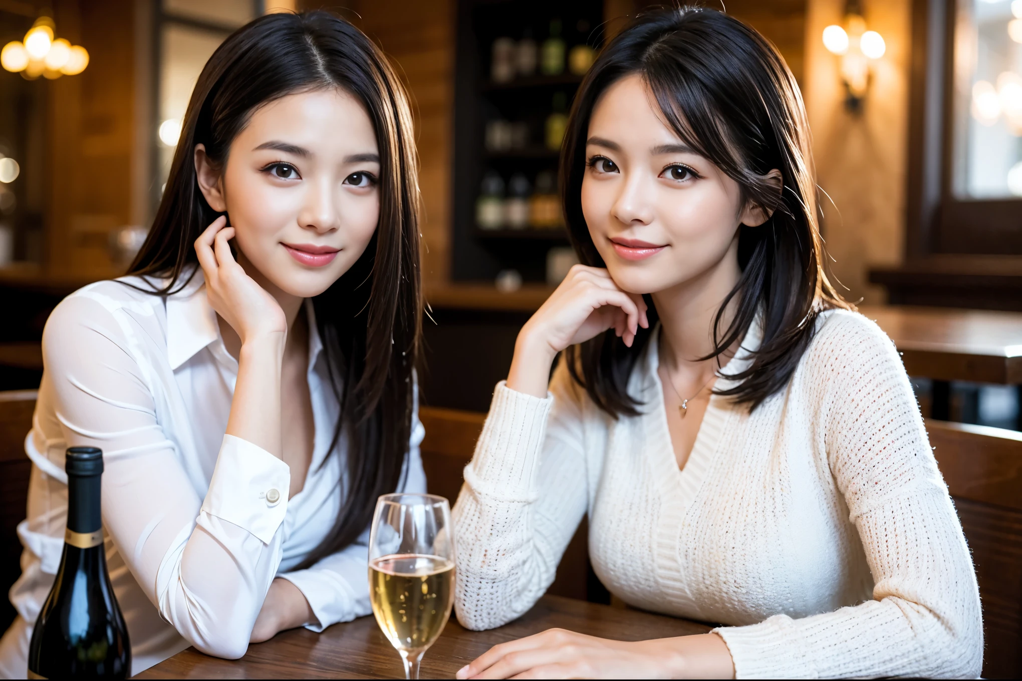 ((highest quality、8k、masterpiece:1.3))、beauty、1 male、1 female、Couple、Spouse、half、The body is slim、((Bob Hale、Straight hair:1.2)), (Realistic, Intricate details:1.2), full-course dinner,テーブルの上のwine glass、Put the light on your face、 Amazing view of the sunset sky and clouds、A bright smile、The wonderfulness of smile、Bright image、The beauty of wine, Beautiful Face, blue eyes, The light shines on your face, Blushing, short hair,Bright Face、 (45 years old), 39 years old, red wine 、Appetizers、Italian food、Wine bottle、Champagne、sparkling wine、Two beauties、Brown Hair、Shortcuts、Long sleeve shirt、dress、Pretty Woman 1, (slimな顔), (The body is slim), (Brown Hair), (Shortcuts), cheeks turn a little red,Attractive beauty、restaurant, In a prominent place (From the waist up) Nova Frog Style, actress, model, Upper Body, White wine, slim, wine glass, A wine glass placed in the center, smile, (smile: 1.15), Beautiful fine grain, Depth f/2,saturation, High Contrast, Strong light and shadow,Moist Body:1.5、3D texture、Delicate eyes、Brown Hair、The hair is very shiny、