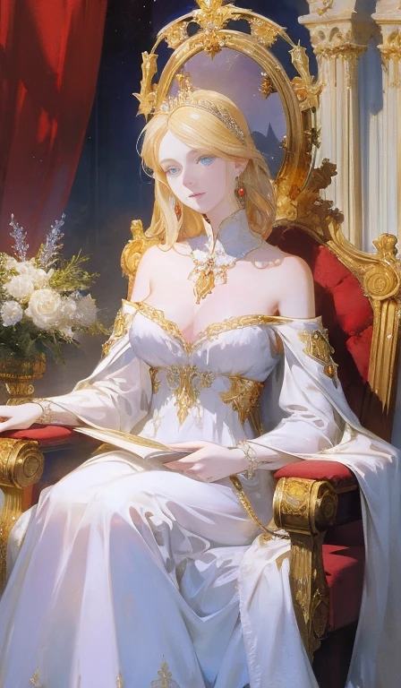 Fantasy, 19th century, empress, woman, delicate face, pale blonde hair, blue eyes, in a white royal dress with open shoulders, gold patterns on fabric, crystal jewelry, with a scarlet ribbon over the shoulder with the regalia of the monarch, Gothic castle made of white stone on the background, light, day, hd