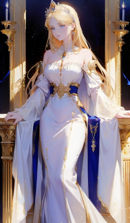 Fantasy, 19th century, empress, woman, delicate face, pale blonde hair, blue eyes, in a white royal dress with open shoulders, gold patterns on fabric, crystal jewelry, with a scarlet ribbon over the shoulder with the regalia of the monarch, Gothic castle made of white stone on the background, light, day, hd