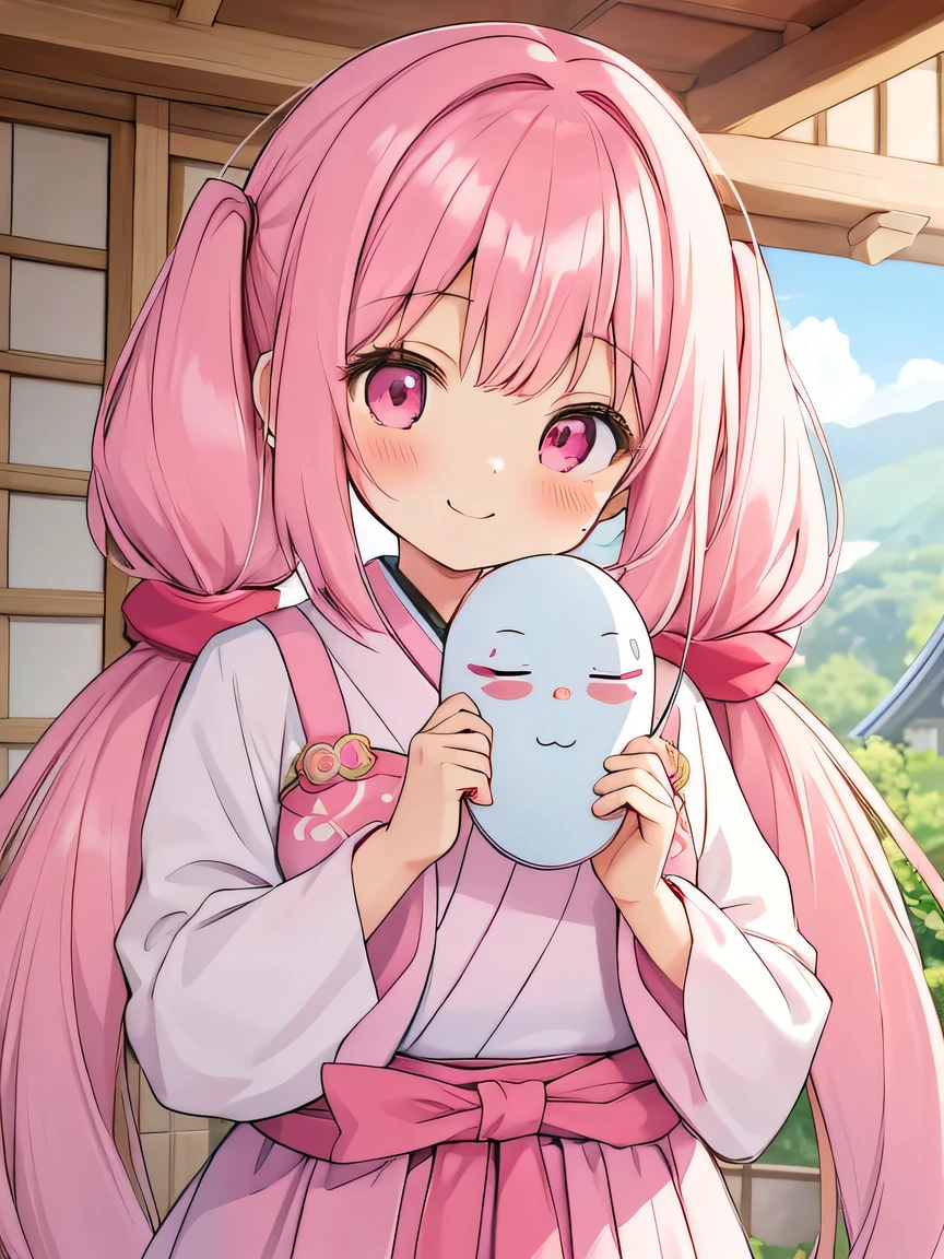 A soft and gentle anime illustration. It features a 12-year-old girl with fluffy, permed twin-tails dyed pink and large strawberry hair ties. She has pink eyes and a cute, confident smile. Her overall appearance is adorable and exudes a sense of self-assurance, (holding a Masks of Japanese cartoon characters:1.2).