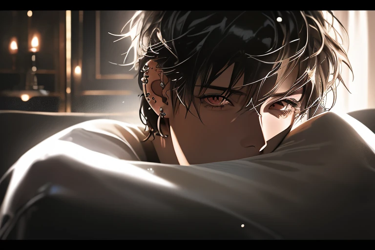 8K, highest quality, masterpiece, Super detailed, Ultra-high resolution, Bedroom, Midnight, Dim lighting, ((One male)), ultra detailed face, piercing eyes, feel lethargic, lie down on the sofa, short hair, shiny hair, The upper body is naked, Black trousers