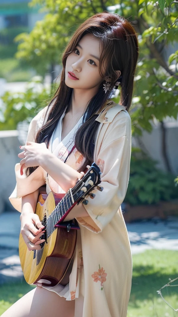 Sana minatozaki, kimono dress, tied hair, holding katana, With sakura trees in the background, (playing a guitar:1.6)