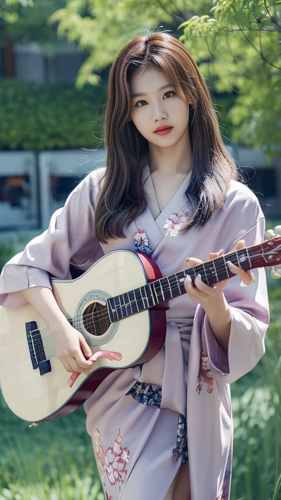 Sana minatozaki, kimono dress, tied hair, holding katana, With sakura trees in the background, (playing a guitar:1.6)