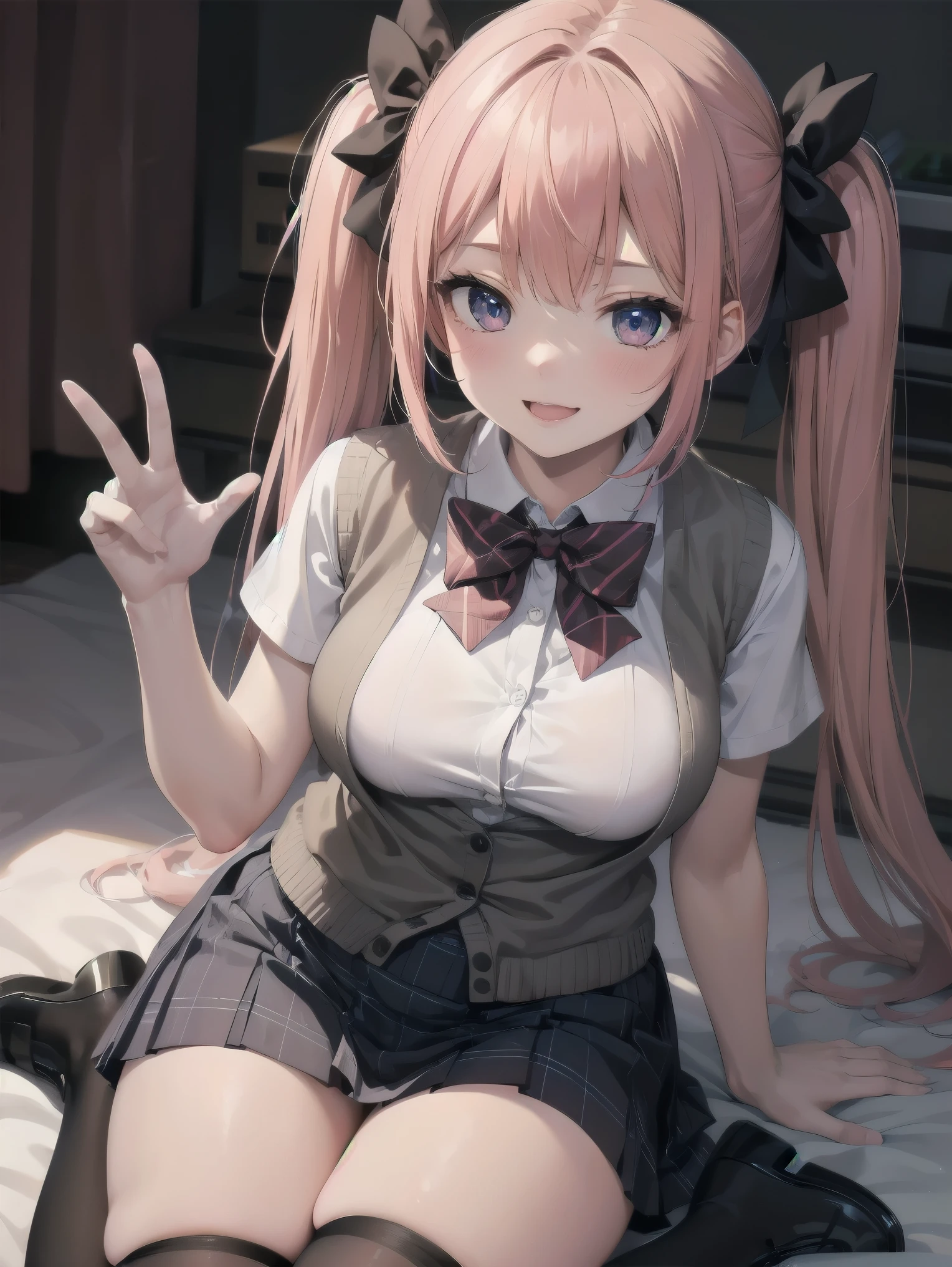 absurdres, absolutely resolution, incredibly absurdres, highres, ultra detailed, official art, unity 8k wallpaper,
BREAK
1 girl, soro, twintails, bow, cardigan vest, short sleeve shirt, plaid skirt, over black legwear, loafers, smile, Sexual girl, seducing men, colourful, bewitching eyes,