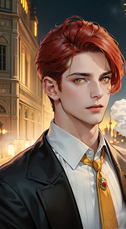 undercucho Close Portrait of Elegant Person [undercucho] in bespoke MAN suit: tall muscular man, classic style, intricate detial baroque, elegant, bright lights, highly detailed, digital painting, artstation, concept art, soft and sharp focus, portrait , illustration, art by wlop, mars ravelo and greg rutkowski (High detail skin: 1.2), 8k uhd, DSLR, soft lighting, high quality, film grain, Fujifilm XT3 mix4, male model, (((1 MAN))) suit, seductive, Florence, Italy background, (((/LOOKING AT THE VIEWER/))) ((((SHORT RED HAIR))) (((LONG BANGS))) (((YELLOW EYES))) (((DELIGHTED LOOK))), SMILE, MYSTERIOUS AURA, night, bokeh, depth of field, (upper body: 1.0), best quality, intricate details, detailed eyes, masterpiece, film grain, 1900s, kodakchrome, flashlight, strange smoke around him, MASTERPIECE