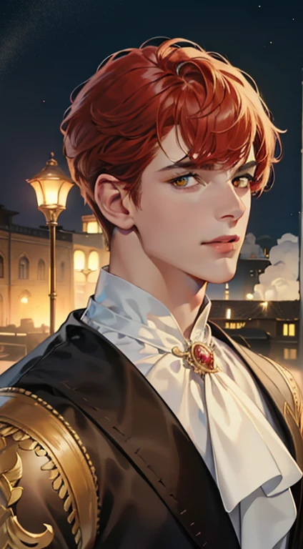 undercucho Close Portrait of Elegant Person [undercucho] in bespoke MAN suit: tall muscular man, classic style, intricate detial baroque, elegant, bright lights, highly detailed, digital painting, artstation, concept art, soft and sharp focus, portrait , illustration, art by wlop, mars ravelo and greg rutkowski (High detail skin: 1.2), 8k uhd, DSLR, soft lighting, high quality, film grain, Fujifilm XT3 mix4, male model, (((1 MAN))) suit, seductive, Florence, Italy background, (((/LOOKING AT THE VIEWER/))) ((((SHORT RED HAIR))) (((LONG BANGS))) (((YELLOW EYES))) (((DELIGHTED LOOK))), SMILE, MYSTERIOUS AURA, night, bokeh, depth of field, (upper body: 1.0), best quality, intricate details, detailed eyes, masterpiece, film grain, 1900s, kodakchrome, flashlight, strange smoke around him, MASTERPIECE