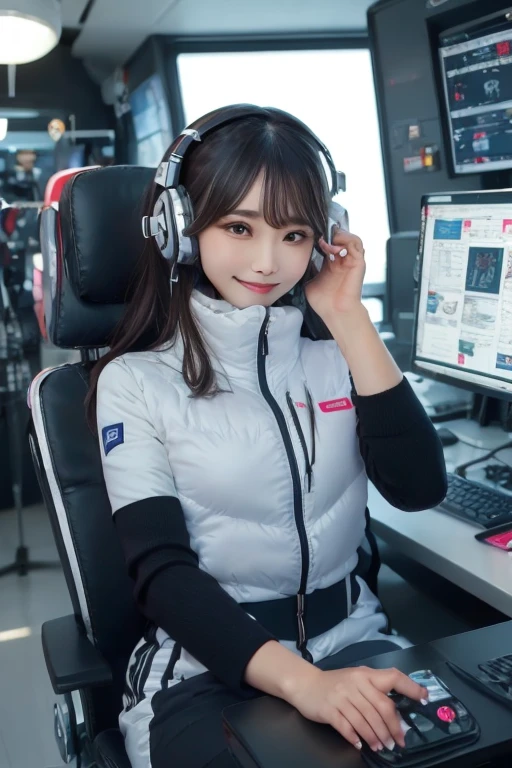masterpiece, highest quality, Very detailed, 8K Portrait,Japanese Android Girl,plump , Control panel,Robotic arms and legs, Blunt bangs,,break (Metallic Gray, Metallic luster, Mirror finish, Astro Best):5,headphone:5,break (Black sleeves):100,Smart Watches,Futuristic space station,Control Room,break headphone,blue eyes,(Black Hair):2,(Long Hair):1.3,Displaying the viewer,(respirator),break blush:3,Hidden Hand,smile