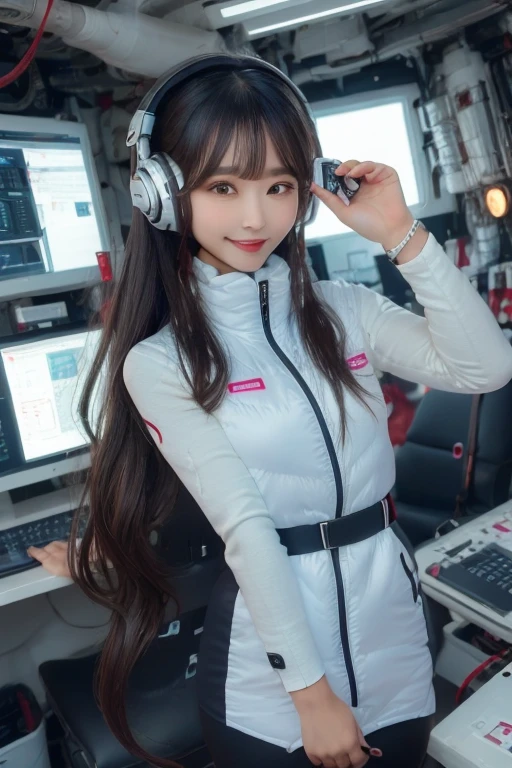masterpiece, highest quality, Very detailed, 8K Portrait,Japanese Android Girl,plump , Control panel,Robotic arms and legs, Blunt bangs,,break (Metallic Gray, Metallic luster, Mirror finish, Astro Best):5,headphone:5,break (Black sleeves):100,Smart Watches,Futuristic space station,Control Room,break headphone,blue eyes,(Black Hair):2,(Long Hair):1.3,Displaying the viewer,(respirator),break blush:3,Hidden Hand,smile