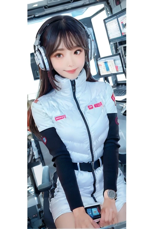 masterpiece, highest quality, Very detailed, 8K Portrait,Japanese Android Girl,plump , Control panel,Robotic arms and legs, Blunt bangs,,break (Metallic Gray, Metallic luster, Mirror finish, Astro Best):5,headphone:5,break (Black sleeves):100,Smart Watches,Futuristic space station,Control Room,break headphone,blue eyes,(Black Hair):2,(Long Hair):1.3,Displaying the viewer,(respirator),break blush:3,Hidden Hand,smile