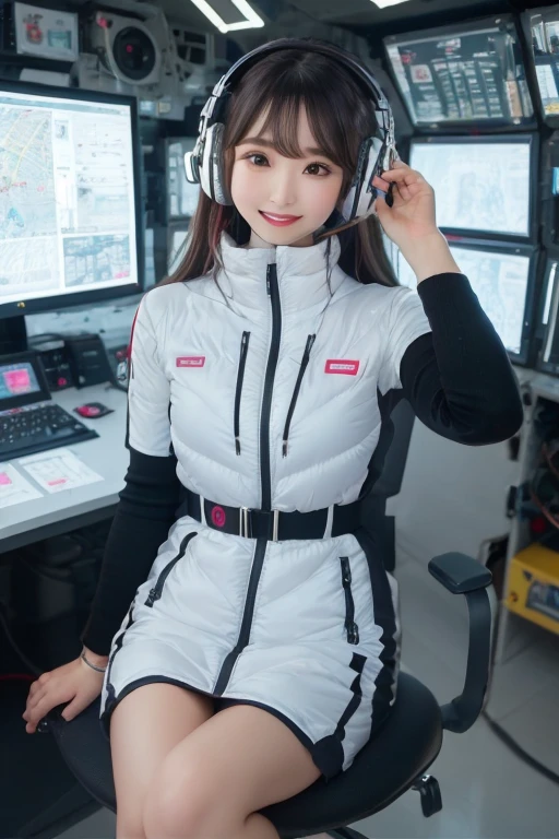 masterpiece, highest quality, Very detailed, 8K Portrait,Japanese Android Girl,plump , Control panel,Robotic arms and legs, Blunt bangs,,break (Metallic Gray, Metallic luster, Mirror finish, Astro Best):5,headphone:5,break (Black sleeves):100,Smart Watches,Futuristic space station,Control Room,break headphone,blue eyes,(Black Hair):2,(Long Hair):1.3,Displaying the viewer,(respirator),break blush:3,Hidden Hand,smile