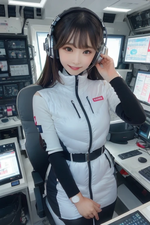 masterpiece, highest quality, Very detailed, 8K Portrait,Japanese Android Girl,plump , Control panel,Robotic arms and legs, Blunt bangs,,break (Metallic Gray, Metallic luster, Mirror finish, Astro Best):5,headphone:5,break (Black sleeves):100,Smart Watches,Futuristic space station,Control Room,break headphone,blue eyes,(Black Hair):2,(Long Hair):1.3,Displaying the viewer,(respirator),break blush:3,Hidden Hand,smile