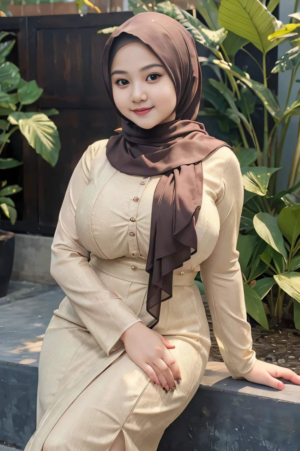 Beautiful, cute baby Face, 16 Years old, (wearing hijab), full hijab, sexy long sleeves kebaya dress, slightly Chubby , White Skin, Smiling, porn studio Background, day light,mid shot, full body, Perfect Potrait, Bokeh Effect, Look at Viewer, big breast, ((adorable:1.2)), ((masterpiece:1.1)), ((bokeh:1.2)), buttocks,(naughty seductive poses)