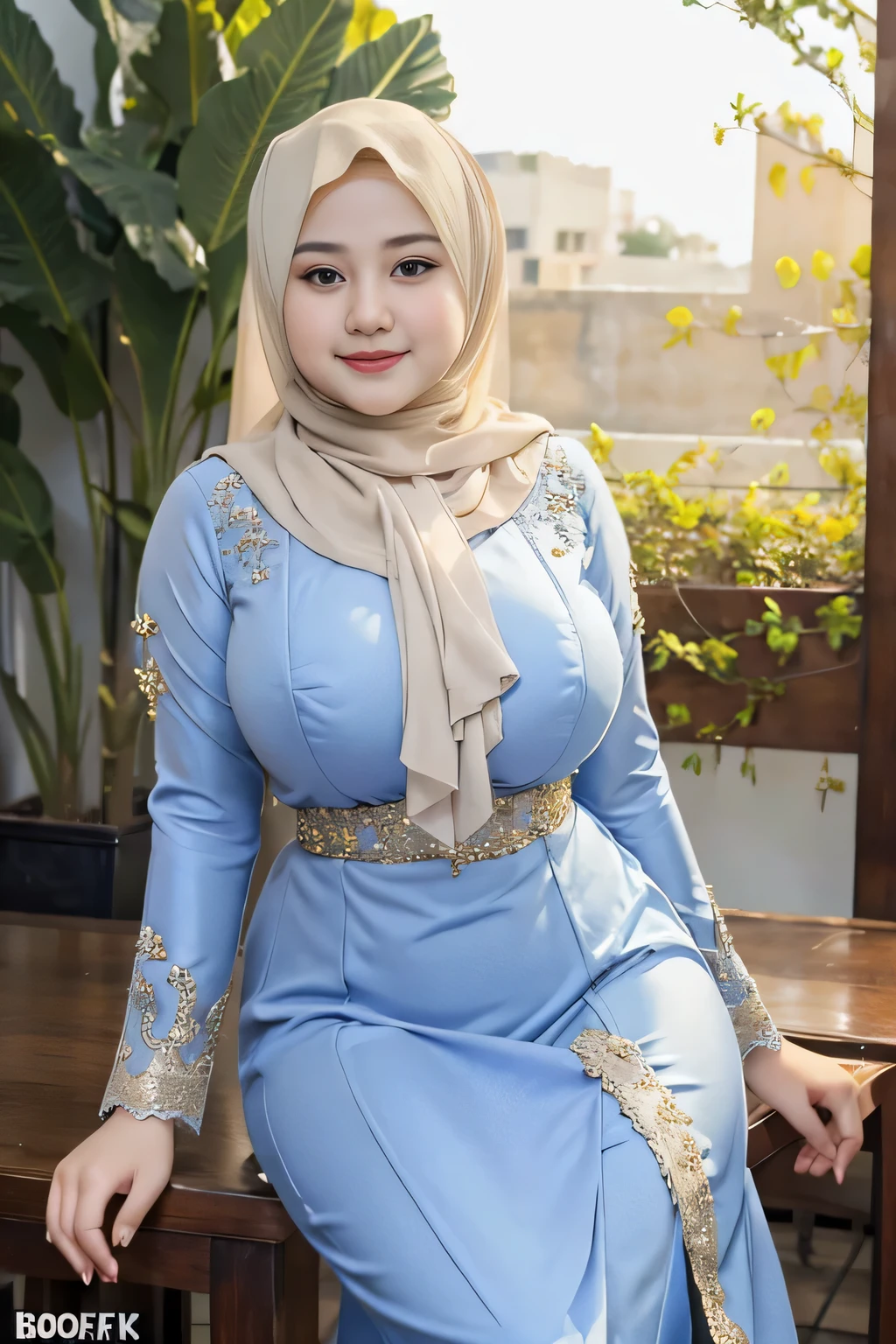 Beautiful, cute , 16 Years g hijab), full hijab, sexy long sleeves kebaya dress, slightly Chubby , White Skin, Smiling, porn studio Background, day light,mid shot, full body, Perfect Potrait, Bokeh Effect, Look at Viewer, big breast, ((adorable:1.2)), ((masterpiece:1.1)), ((bokeh:1.2)), buttocks,(naughty seductive poses)