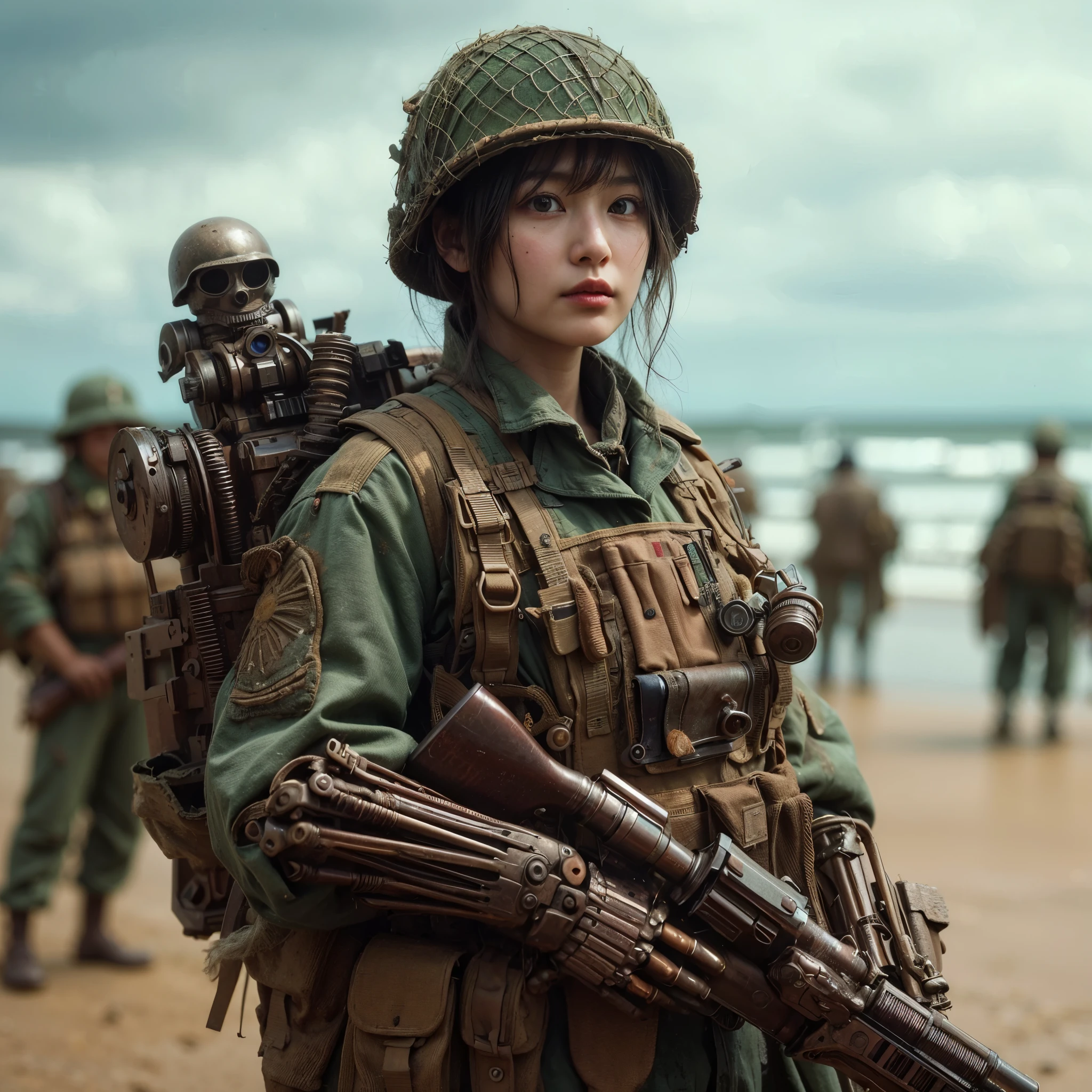 8k,Realistic Photo, Realistic Skin Texture, Superrealism, (WWⅡ-like mechanical suit:1.2), Beach of the Normandy Landing Operation、heavy weapons,vivid textures,animal legs,  japanese female soldier,(ultra beautiful face),((super realistic all textures)), ((super intricate all details)), full body shot, ultra sharp photo result, Olive Drab color, scratch, Rust, weathering, steampunk, taken with Fuji film X-T30+Nokton. HDR10,Minimum of 4 pieces created