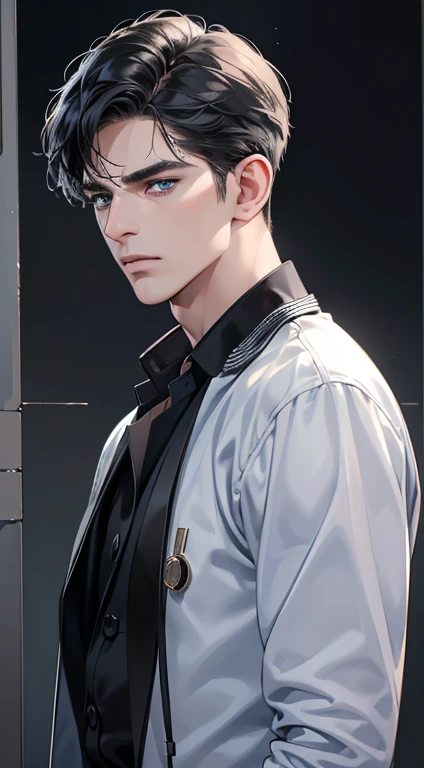 (best quality, masterpiece, 8K, photorealistic, cinematic lighting, 1:4 hdr image, ultra detailed, beautiful image), a mature man, 34 years very handsome, ((cold expression)), short black hair, blue eyes, face perfect without mistakes, ((buttoning his jacket, CEO))