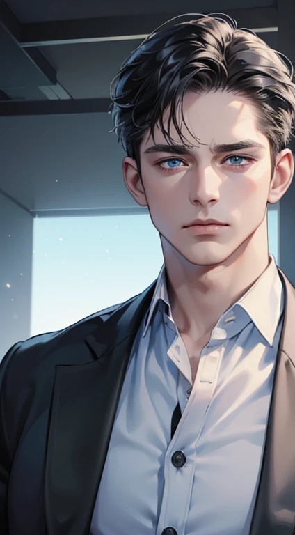(best quality, masterpiece, 8K, photorealistic, cinematic lighting, 1:4 hdr image, ultra detailed, beautiful image), a mature man, 34 years very handsome, ((cold expression)), short black hair, blue eyes, face perfect without mistakes, ((buttoning his jacket, CEO))