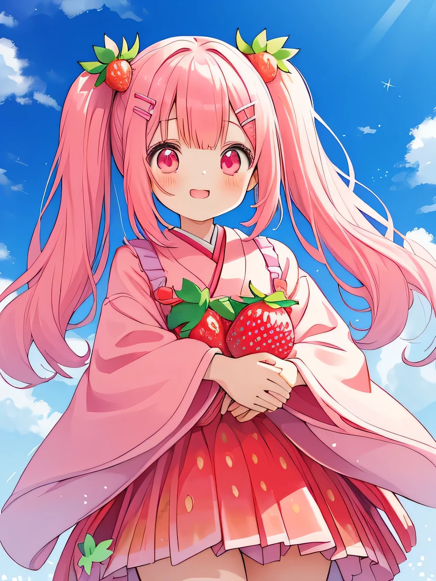 A soft and gentle anime illustration. It features a 12-year-old girl with fluffy, permed twin-tails dyed pink and large strawberry hair ties. She has pink eyes and a cute, confident smile. Her overall appearance is adorable and exudes a sense of self-assurance, (holding a Masks of Japanese cartoon characters:1.2), (Strawberry shaped hair clip:1.4).
