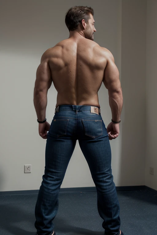 Award-winning original photoen, 30 years old man and wild muscular man, 40 years old, short beards, burly, hunk, wearing shirts, smilling happil, detailed, lovely, ((full body)), (((shirtless )))(((navy jeans))) (((backside))) (((Big butt)))