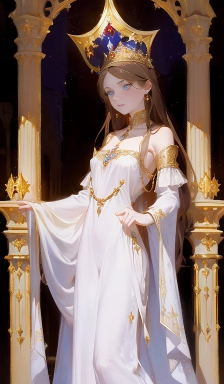Fantasy, 19th century, empress, woman, delicate face, pale brown long hair, blue eyes, in a white royal dress with open shoulders, gold patterns on fabric, crystal jewelry, with a scarlet ribbon over the shoulder with the regalia of the monarch, Gothic castle made of white stone on the background, light, day, hd