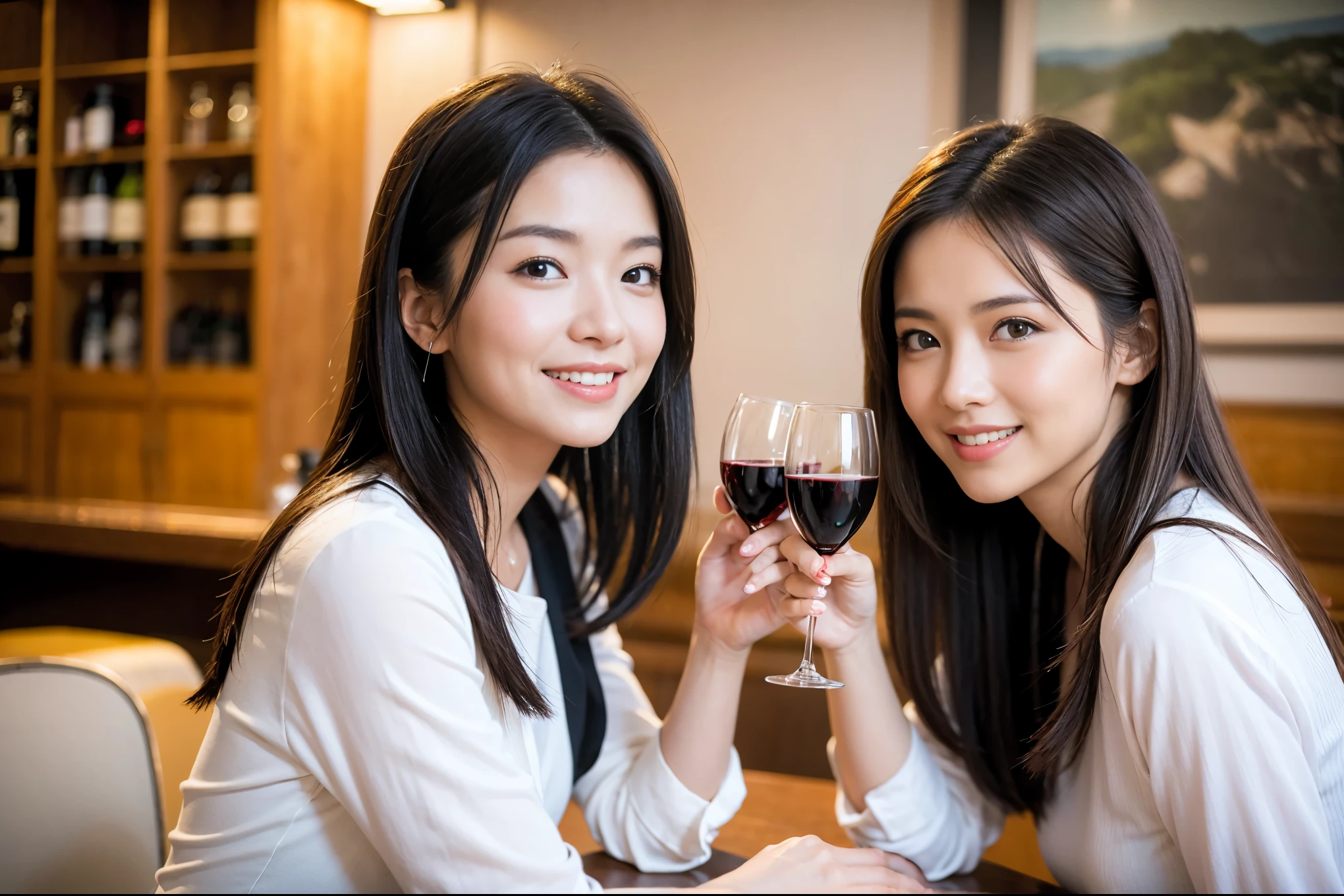 ((highest quality、8k、masterpiece:1.3))、1 male、1 female、石原さとみ似美女Couple、Spouse、Couple、The body is slim、((Bob Hale、Straight hair:1.2)), (Realistic, Intricate details:1.2), テーブルの上のwine glass、Shine light on your face、 Amazing view of the sunset sky and clouds、Amazing mountain views、A bright smile、The wonderfulness of smile、Bright image、The beauty of wine, Beautiful Face, blue eyes, The light shines on your face, Blushing, short hair,Bright Face、 (Age 37), "41 years old, red wine 、Appetizers、Italian food、Wine bottle、Champagne、sparkling wine、Two beauties、Brown Hair、Shortcuts、Long sleeve shirt、dress、Pretty Woman 1, (slimな顔), (The body is slim), (Brown Hair), (Shortcuts), cheeks turn a little red,Attractive beauty、restaurant, In a prominent place (From the waist up) Nova Frog Style, actress, model, Upper Body, White wine, slim, wine glass, 中央に置かれたwine glass, smile, (smile: 1.15), Beautiful fine grain, Depth f/2,saturation, High Contrast, Strong light and shadow,Moist Body:1.5、3D texture、Delicate eyes、Brown Hair、The hair is very shiny、