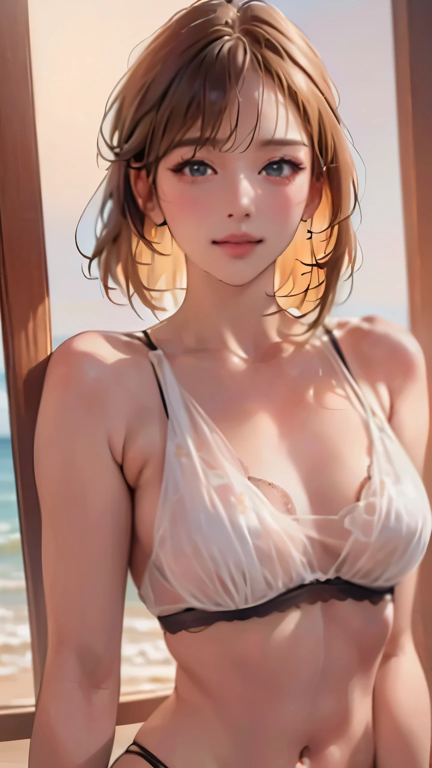 (RAW Photos:1.2), (Realistic:1.4),(masterpiece:1.3),(highest quality:1.4),超High resolution,High resolution,8k, (Highly detailed illustration), 1 girl, Beautiful face in every detail, Young girl, ((Layered Haircut)), Blonde Hair,(Neat bangs:1.5),((Lingerie in white)), ((D-cup breasts with firmness)), ((Both arms behind the head)), smile,alone, View the viewer,Clear Background, At the Beach, Depth of written boundary, Natural light,(See-through silhouette),Ulzzang-6500-v1.1:0.7