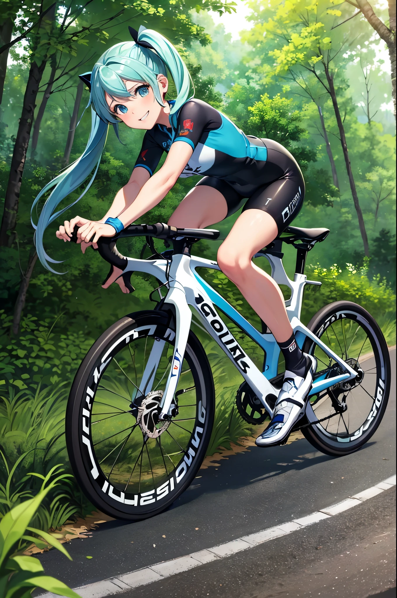 (((masterpiece))), (((highest quality))), (((Ride a road bike))), Fresh green forest(photograph)Run、downhill, Steep, earphone, Cycling Shorts, Wind, Speed Lines Effect, alone, 1 girl, smile、 Light blue long hair、Twin tails、Split, big , Splash Art