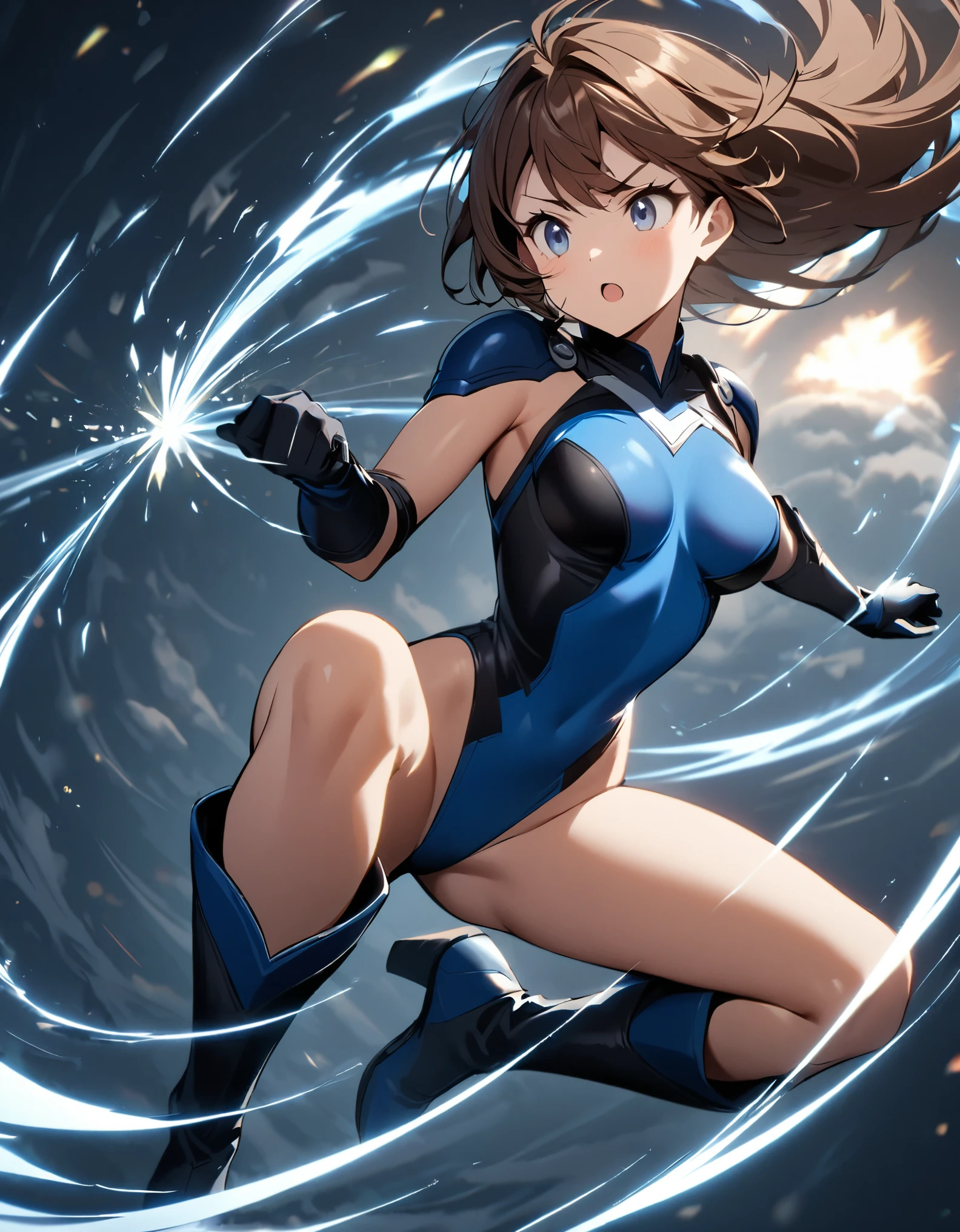 1girl, solo, solo focus, female superhero, medium breasts, leotard, red and blue leotard, bare legs, boots, matching boots, gloves, matching gloves, brown hair, blue-grey eyes, full body. (legs straight). (she spins) at an (incredible speed), creating a whirlwind of air around her. curved sword smash. ((she spins)) into a ((tornado)).