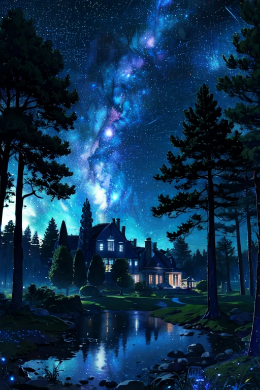 Landscape, mansion, sky, galaxy, comets, stars, forests