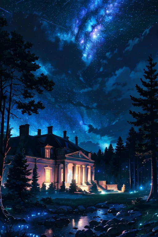 Landscape, mansion, sky, galaxy, comets, stars, forests