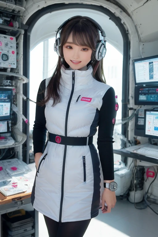 masterpiece, highest quality, Very detailed, 8K Portrait,Japanese Android Girl,plump , Control panel,Robotic arms and legs, Blunt bangs,,break (Metallic Gray, Metallic luster, Mirror finish, Astro Best):5,headphone:5,break (Black sleeves):100,Smart Watches,Futuristic space station,Control Room,break headphone,blue eyes,(Black Hair):2,(Long Hair):1.3,Displaying the viewer,(respirator),break blush:3,Hidden Hand,smile