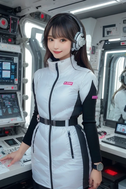 masterpiece, highest quality, Very detailed, 8K Portrait,Japanese Android Girl,plump , Control panel,Robotic arms and legs, Blunt bangs,,break (Metallic Gray, Metallic luster, Mirror finish, Astro Best):5,headphone:5,break (Black sleeves):100,Smart Watches,Futuristic space station,Control Room,break headphone,blue eyes,(Black Hair):2,(Long Hair):1.3,Displaying the viewer,(respirator),break blush:3,Hidden Hand,smile