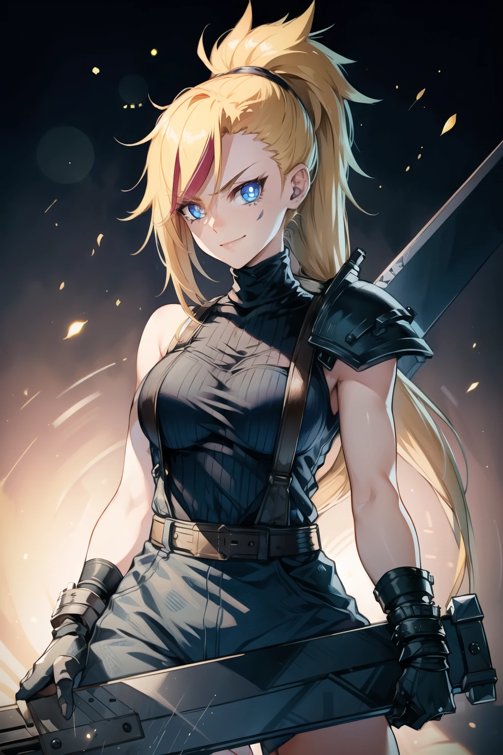 (masterpiece, best quality:1.2), Blue  glowing eyes, perfect face, highres, 1 girl, solo, ultra long ponytail, (female:1.5), strife, blonde hair, shoulder armor, sleeveless turtleneck, suspenders, belt, gloves, bracer, evil smile, standing, portrait, looking at viewer, giant sword on the back