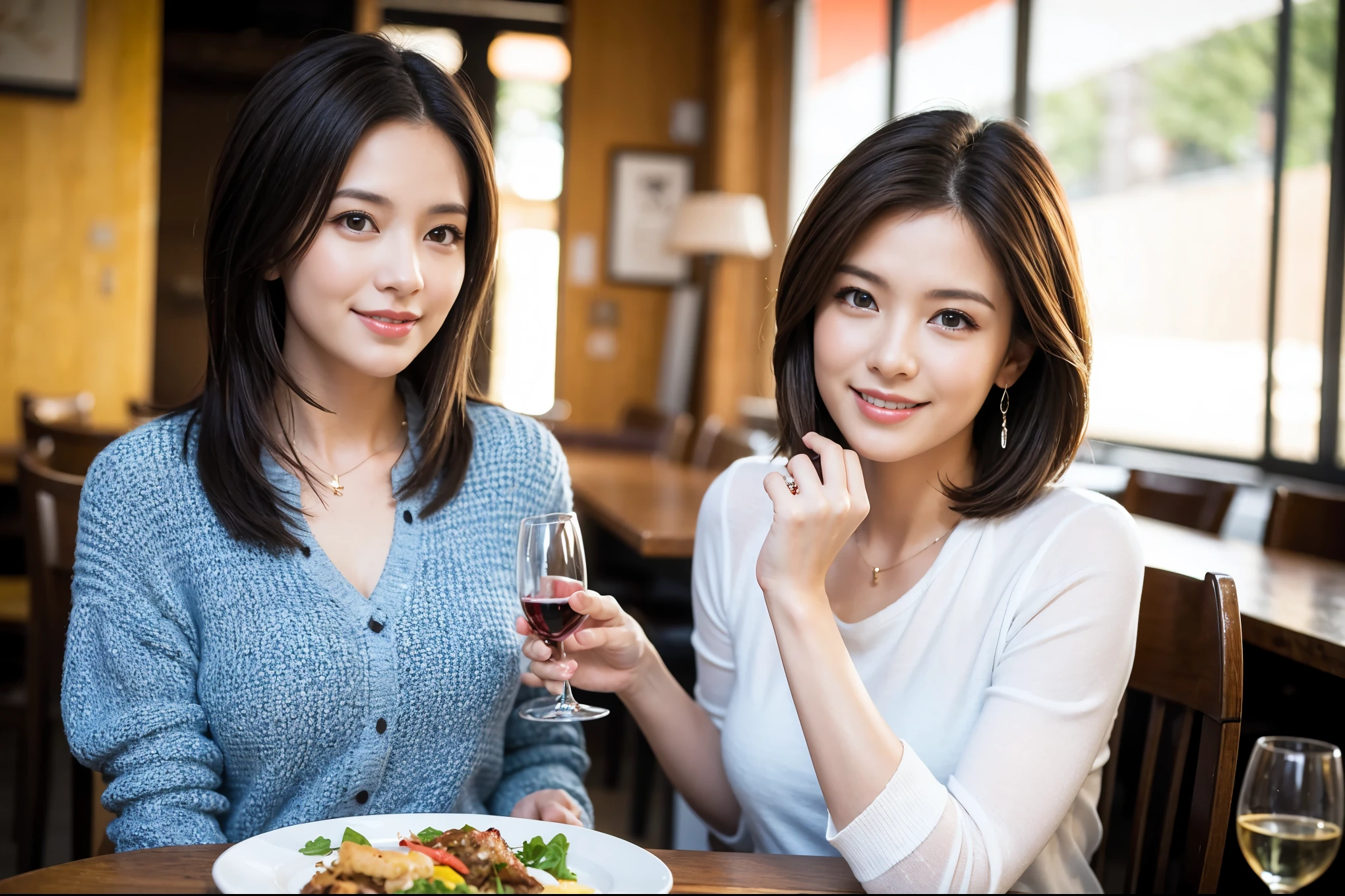 ((highest quality、8k、masterpiece:1.3))、beauty、1 male、1 female、Couple、spouse、Spouse、Spouse、half、The body is slim、((Bob Hale、Straight hair:1.2)), (Realistic, Intricate details:1.2), full-course dinner,テーブルの上のwine glass、Shine light on your face、 Amazing view of the sunset sky and clouds、A bright smile、The wonderfulness of smile、Bright image、The beauty of wine, Beautiful Face, blue eyes, The light shines on your face, Blushing, short hair,Bright Face、 (45 years old), 39 years old, red wine 、Appetizers、Italian food、Wine bottle、Champagne、sparkling wine、Two beauties、Brown Hair、Shortcuts、Long sleeve shirt、dress、Pretty Woman 1, (slimな顔), (The body is slim), (Brown Hair), (Shortcuts), cheeks turn a little red,Attractive beauty、restaurant, In a prominent place (From the waist up) Nova Frog Style, actress, model, Upper Body, White wine, slim, wine glass, A wine glass placed in the center, smile, (smile: 1.15), Beautiful fine grain, Depth f/2,saturation, High Contrast, Strong light and shadow,Moist Body:1.5、3D texture、Delicate eyes、Brown Hair、The hair is very shiny、