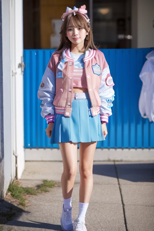 blue letterman jacket, pink long skirt, full body
